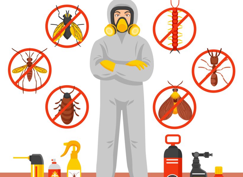 Pest control service vector illustration with exterminator of insects in chemical protective suit termites and disinfection cans flat icons